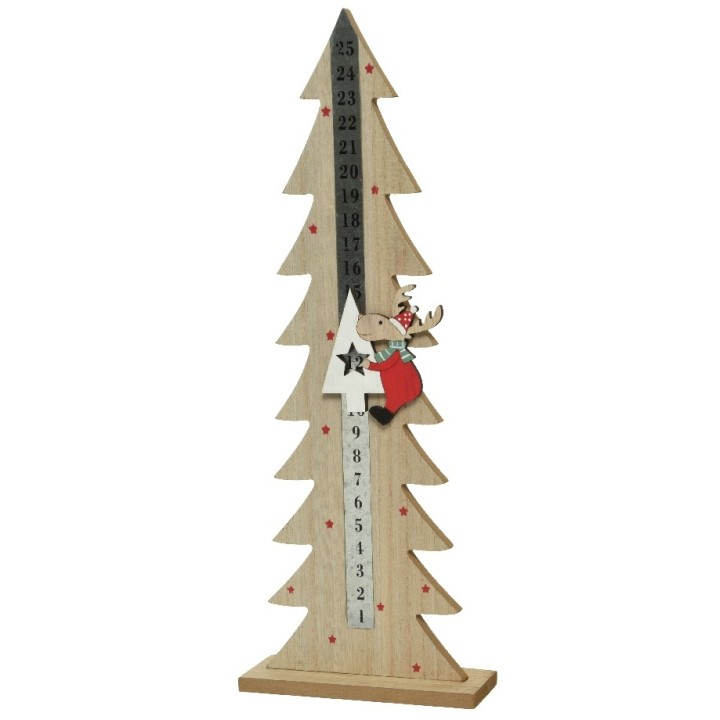 Arbre en bois sculpté, décoré d'un renne et d'étoiles, avec une règle de mesure intégrée.
