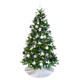 Sapin de Noël décoré en vert, blanc et bleu, avec boules et flocons scintillants.
