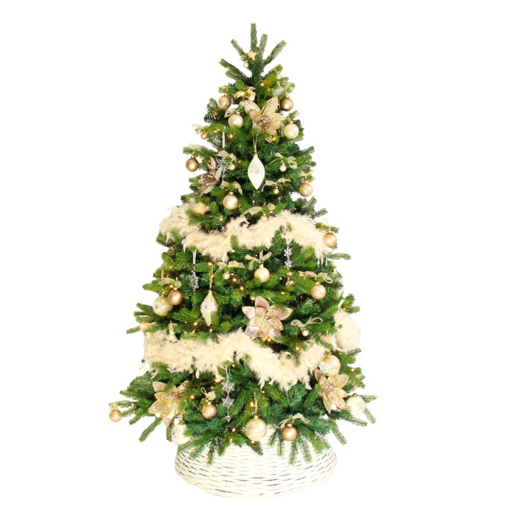 Sapin de Noël décoré de doré, blanc et vert, orné de fleurs et boules brillantes.