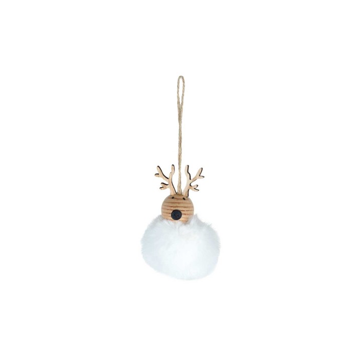 Suspension douce en pompon blanc avec bois et cornes délicates. Charmant décor festif.