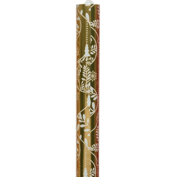 Rouleau de papier cadeau doré, orné de motifs floraux blancs délicats.
