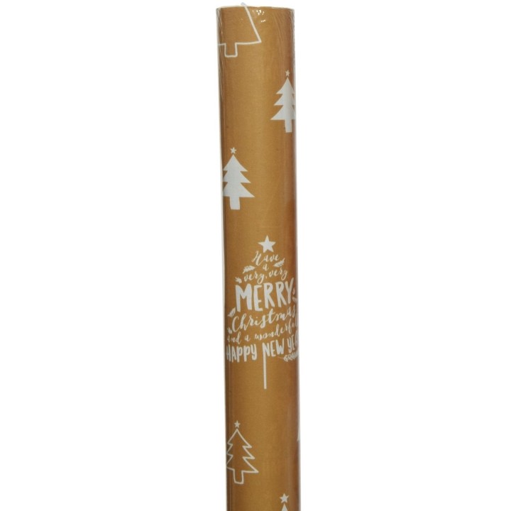 Papier cadeau doré avec motifs de sapins et message festif en blanc.
