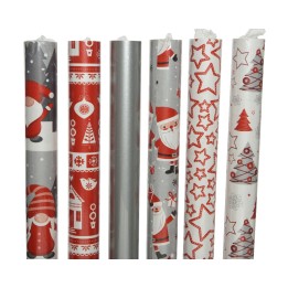 Rouleaux de papier cadeau festifs aux motifs rouges, gris et blancs, avec Noël en thème.