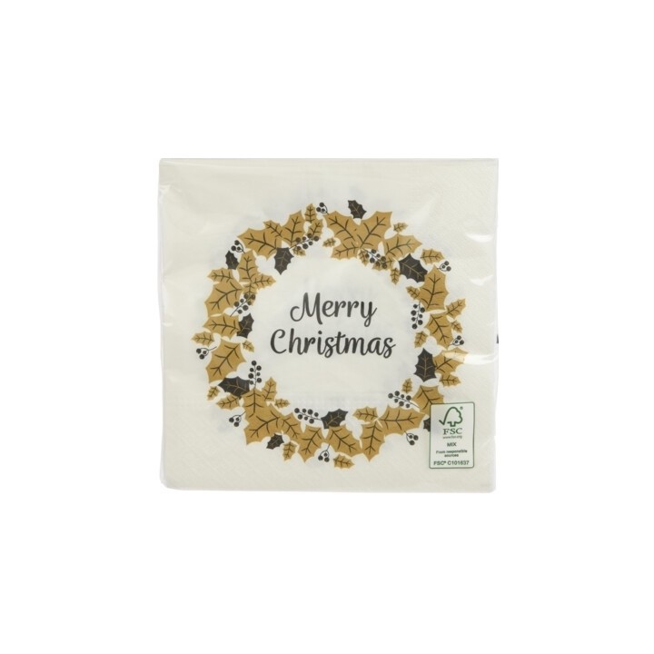 Serviette de Noël blanche ornée d'une couronne de houx et d'un message festif.