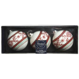 Boules de Noël blanches ornées de motifs rouges et verts, présentées dans une boîte élégante.