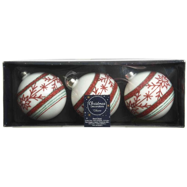 Boules de Noël blanches ornées de motifs rouges et verts, présentées dans une boîte élégante.