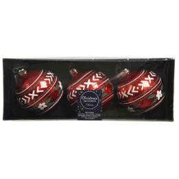Trois boules de Noël rouges brillantes, décorées de motifs blancs et verts.