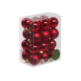 Boules de Noël rouges brillantes, présentées dans une boîte transparente.