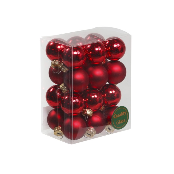 Boules de Noël rouges brillantes, présentées dans une boîte transparente.