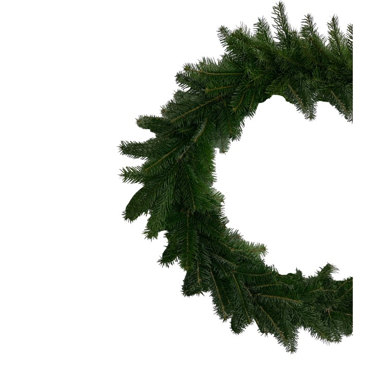Couronne de sapin artificiel aux branches vert foncé, évoquant la saison festive.
