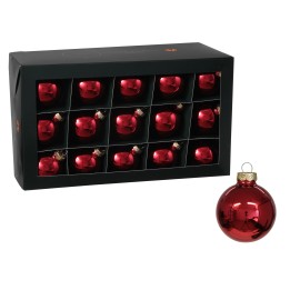 Douze boules de Noël rouges brillantes dans une boîte noire élégante.