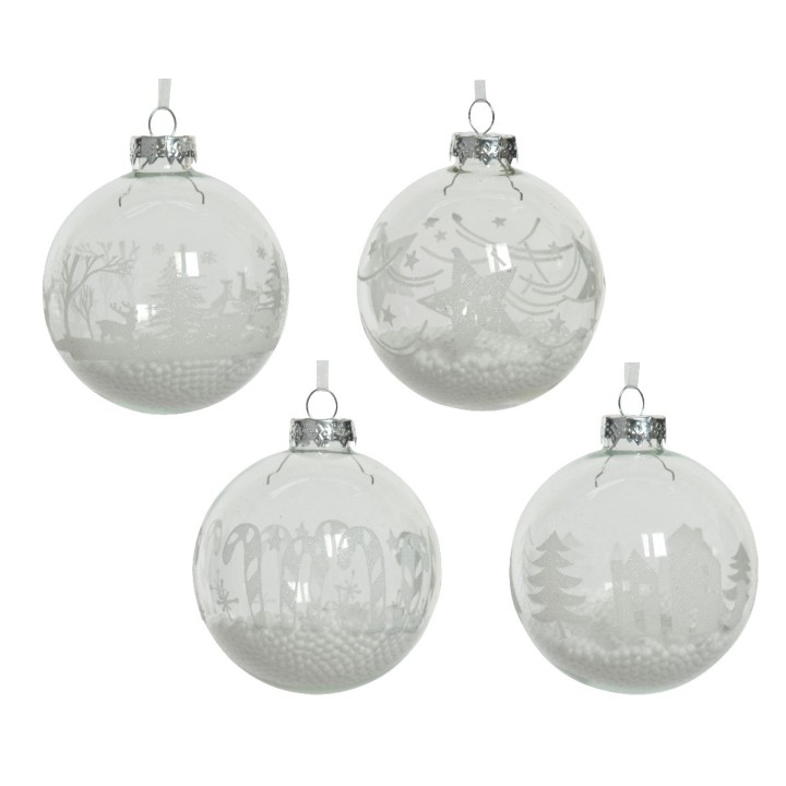 Boules de Noël en verre transparent, motifs délicats de paysages enneigés et silhouettes.
