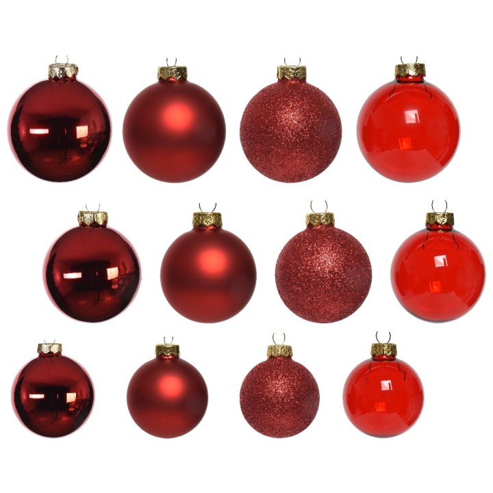 Douze boules de Noël rouges, brillantes, mates et scintillantes, avec des attaches dorées.