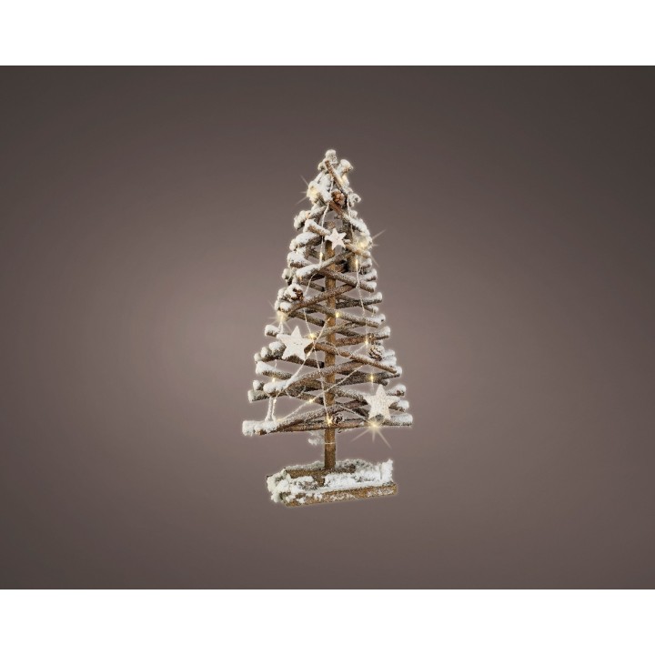 Petit sapin de Noël décoré, recouvert de neige, orné d'étoiles dorées brillantes.