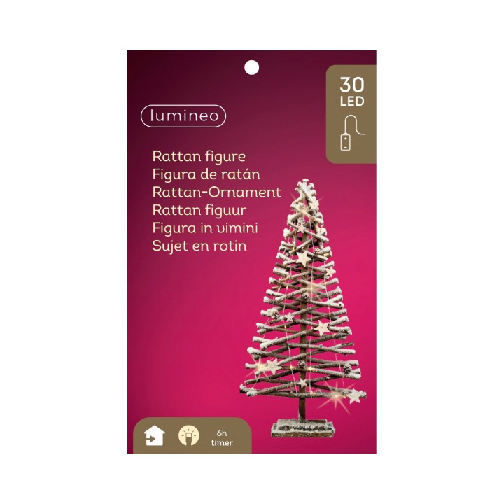 Arbre décoratif en rotin, orné de lumières LED, style moderne et épuré.