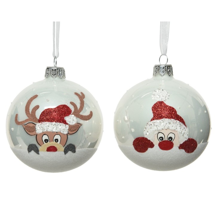 Boules de Noël blanches, décorées de renne et père Noël en paillettes rouges.