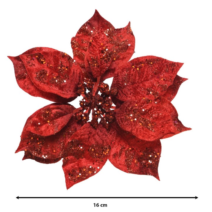 Fleur rouge étincelante avec des pétales en velours et des paillettes brillantes.