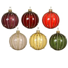 Boules de Noël aux teintes variées, ornées de bandes dorées et de détails délicats.