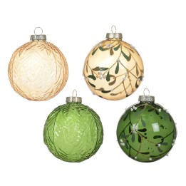 Quatre boules de Noël en verre, aux teintes dorées et vertes, ornées de motifs naturels.