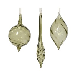 Trois ornements en verre soufflé, aux teintes vertes, avec des formes délicates et élégantes.