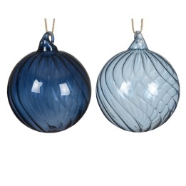 Boules de verre soufflé, bleues et translucides, avec des motifs tourbillonnants.