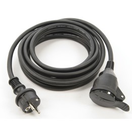 Câble électrique noir, long, avec prise et connecteur rotatif à une extrémité.