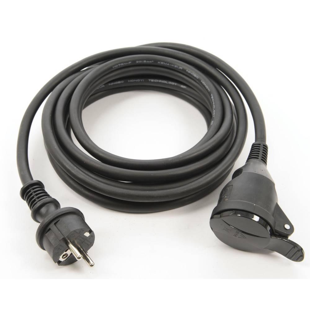 Câble électrique noir, long, avec prise et connecteur rotatif à une extrémité.