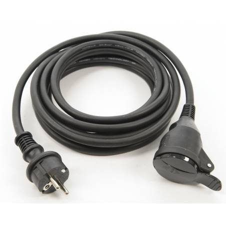Câble électrique noir, long, avec prise et connecteur rotatif à une extrémité.
