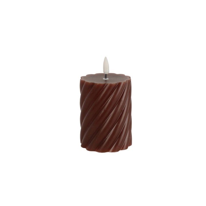 Bougie cylindrique marron, torsadée, avec une mèche au sommet. Élégance chaleureuse.