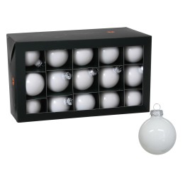 Douze boules de Noël blanches, rangées dans une boîte noire élégante.