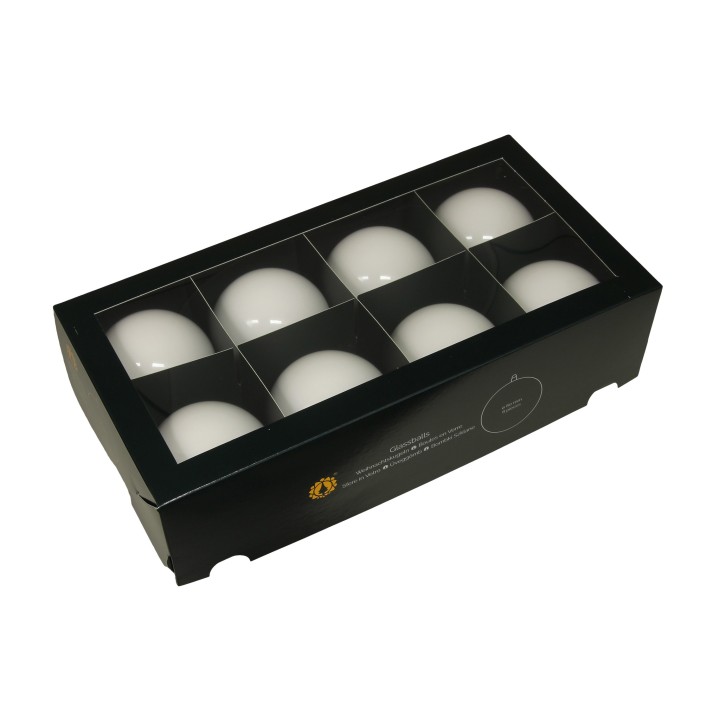 Boîte noire contenant dix sphères blanches, élégante et minimaliste.