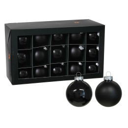 Boules de Noël noires brillantes et mates, présentées dans une boîte élégante.