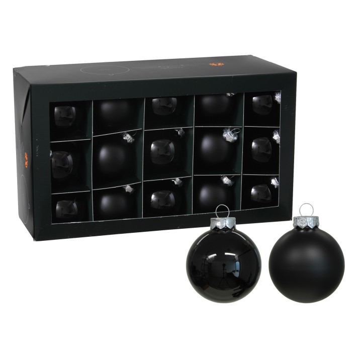 Boules de Noël noires brillantes et mates, présentées dans une boîte élégante.