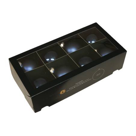 Coffret noir élégant contenant neuf sphères brillantes, éclairées et soigneusement disposées.