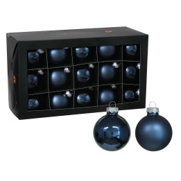 Boules de Noël bleu foncé, brillantes et mates, présentées dans un coffret élégant.