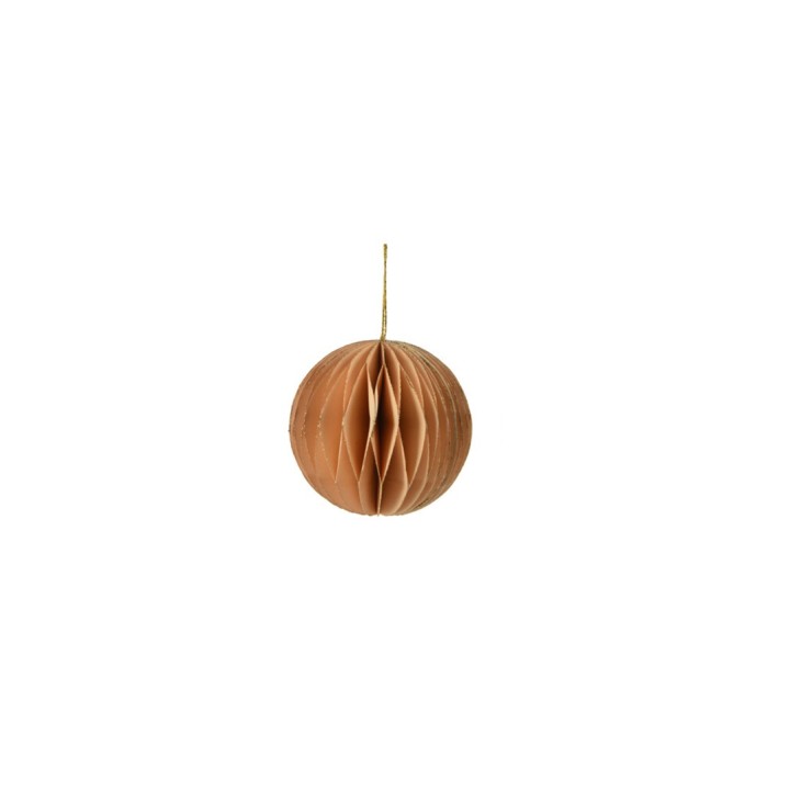 Boule en papier alvéolé, couleur terre cuite, suspendue par une fine ficelle.