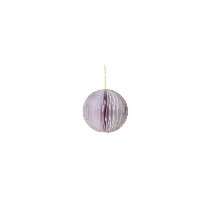 Boule décorative en papier plié, couleur lavande, suspendue par un fil doré.