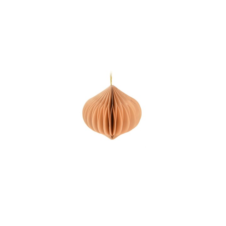 Suspension en papier plissé, teinte douce, forme organique évoquant un fruit.