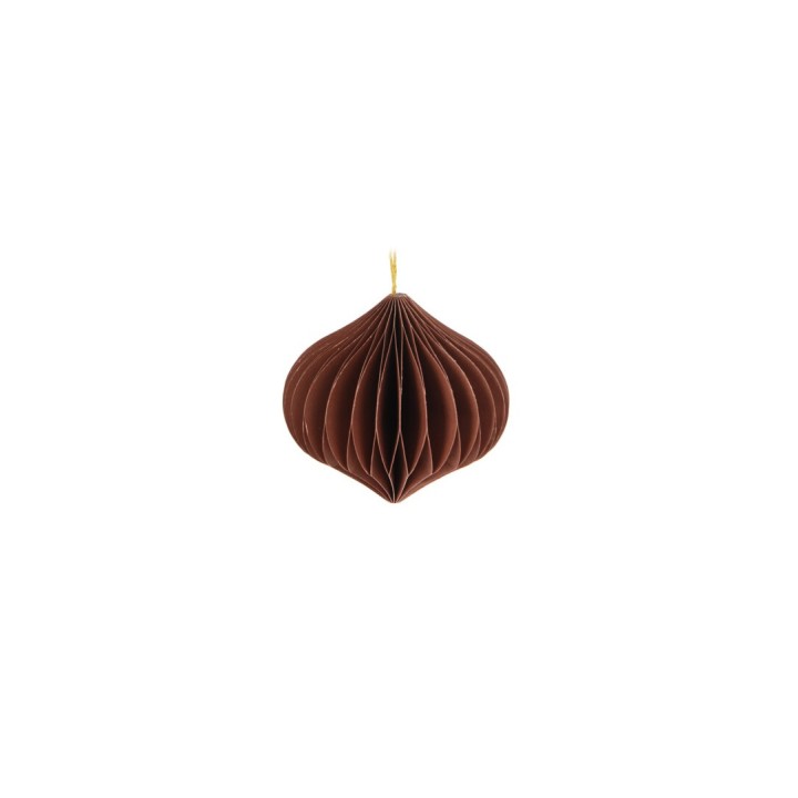Suspension en papier gaufré marron, en forme de bulbe, délicatement plissée.