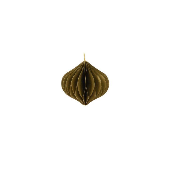 Ornement en papier gaufré, en forme de pomme de pin, couleur olive, suspendu.