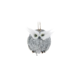 Chouette en peluche grise, ronde, avec de grands yeux et des plumes blanches.