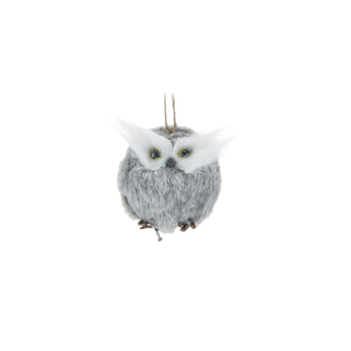 Chouette en peluche grise, ronde, avec de grands yeux et des plumes blanches.