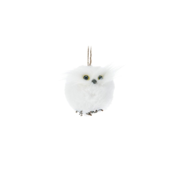 Chouette blanche en peluche, ronde, avec des yeux brillants et un fil de suspension.