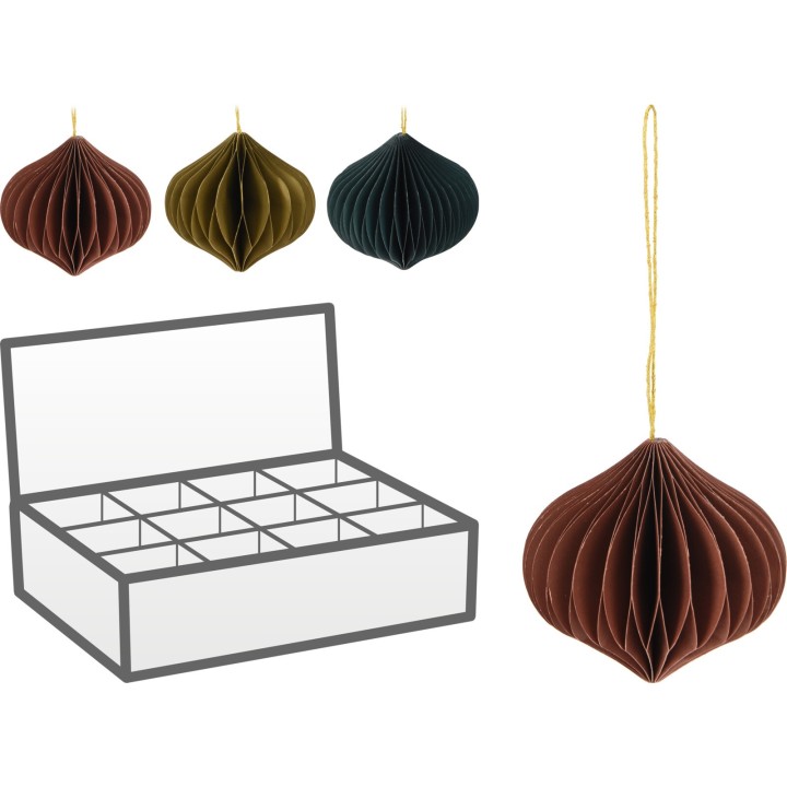 Ornements en papier en forme de bulbe, dans des teintes terreuses, avec boîte de rangement.