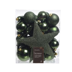 Boules de Noël vert foncé brillantes, pack avec étoile scintillante et étiquettes élégantes.