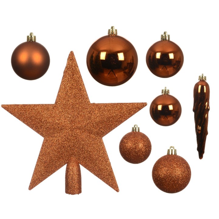 Étoile et boules de Noël cuivrées scintillantes sur fond neutre.