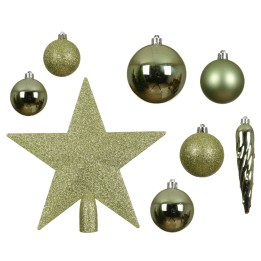 Décorations de Noël dorées : étoiles, boules et cônes brillants sur fond blanc.