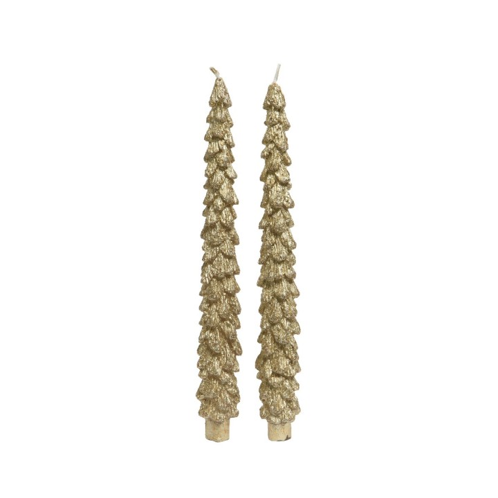 Deux bougies en forme d'arbres dorés, scintillantes et élégantes, parfaites pour les fêtes.