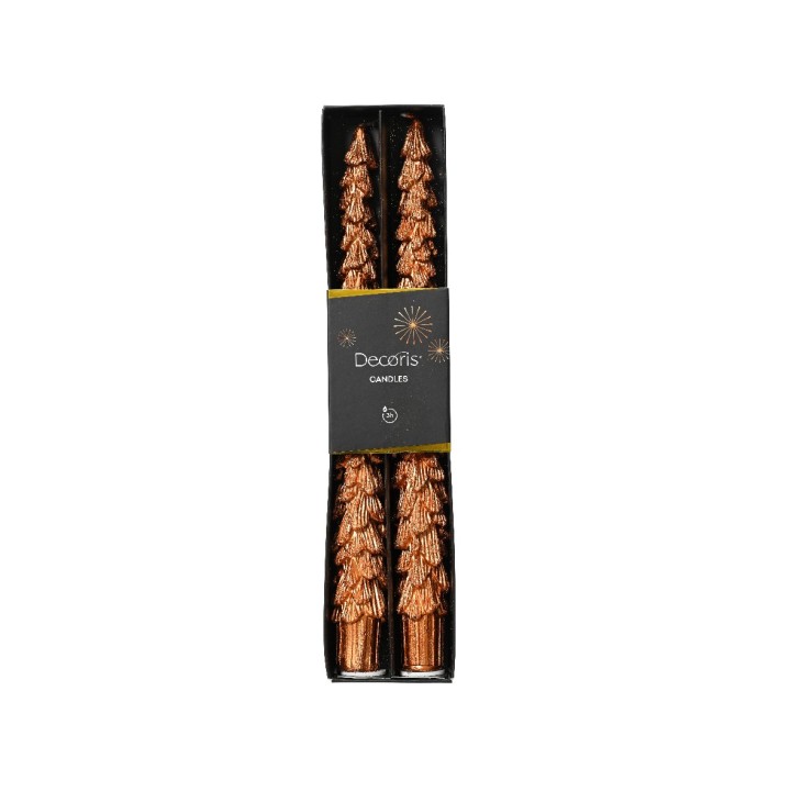 Bougies décoratives en forme de sapin, couleur cuivrée, emballées élégamment.