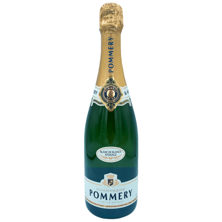 Bouteille de champagne élégante, étiquette bleue et dorée, verre transparent et brillant.